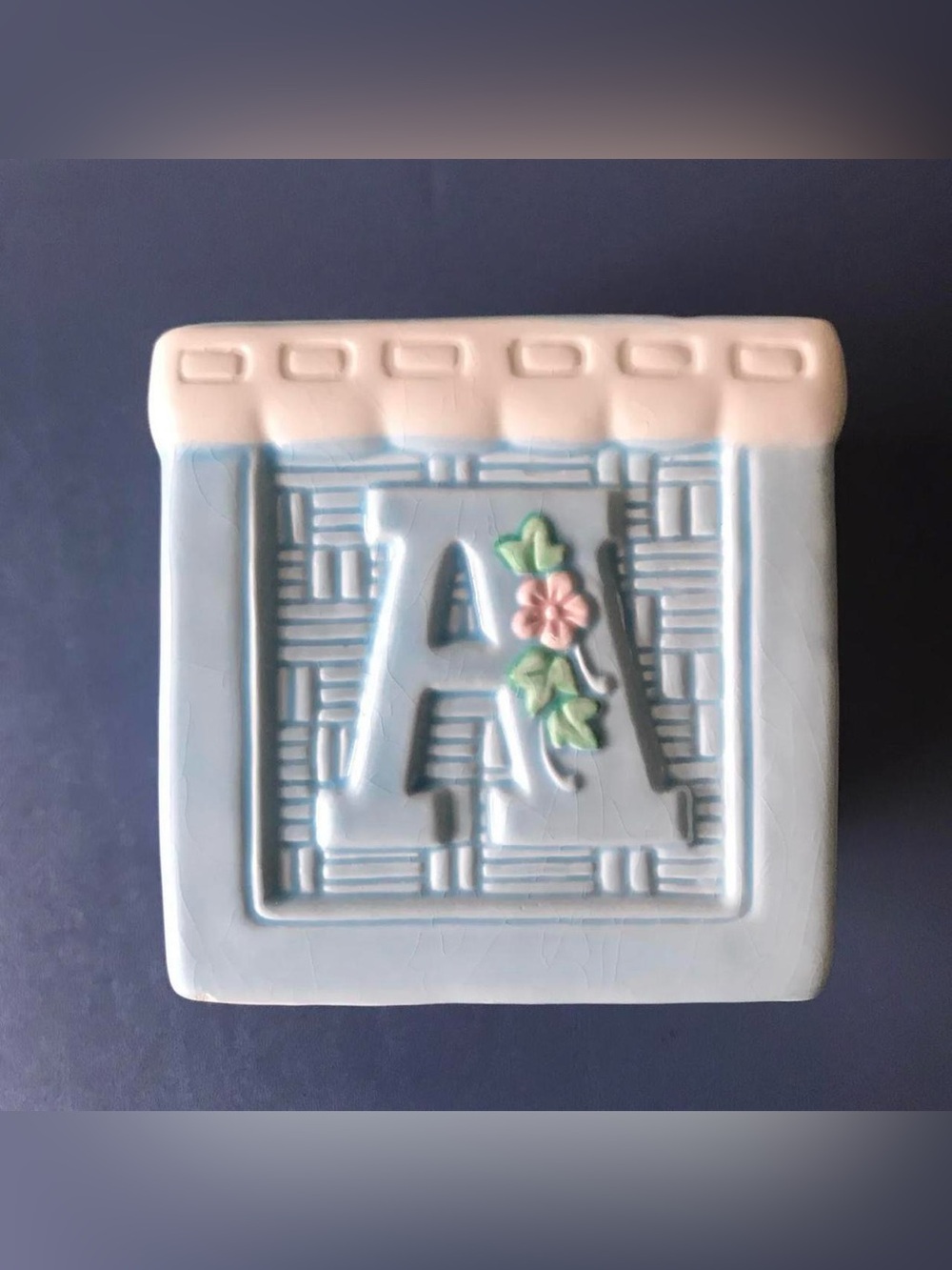 Vintage Baby Nursery Alphabet Block Ceramic Planter Blue, Pink & Yellow Flowers